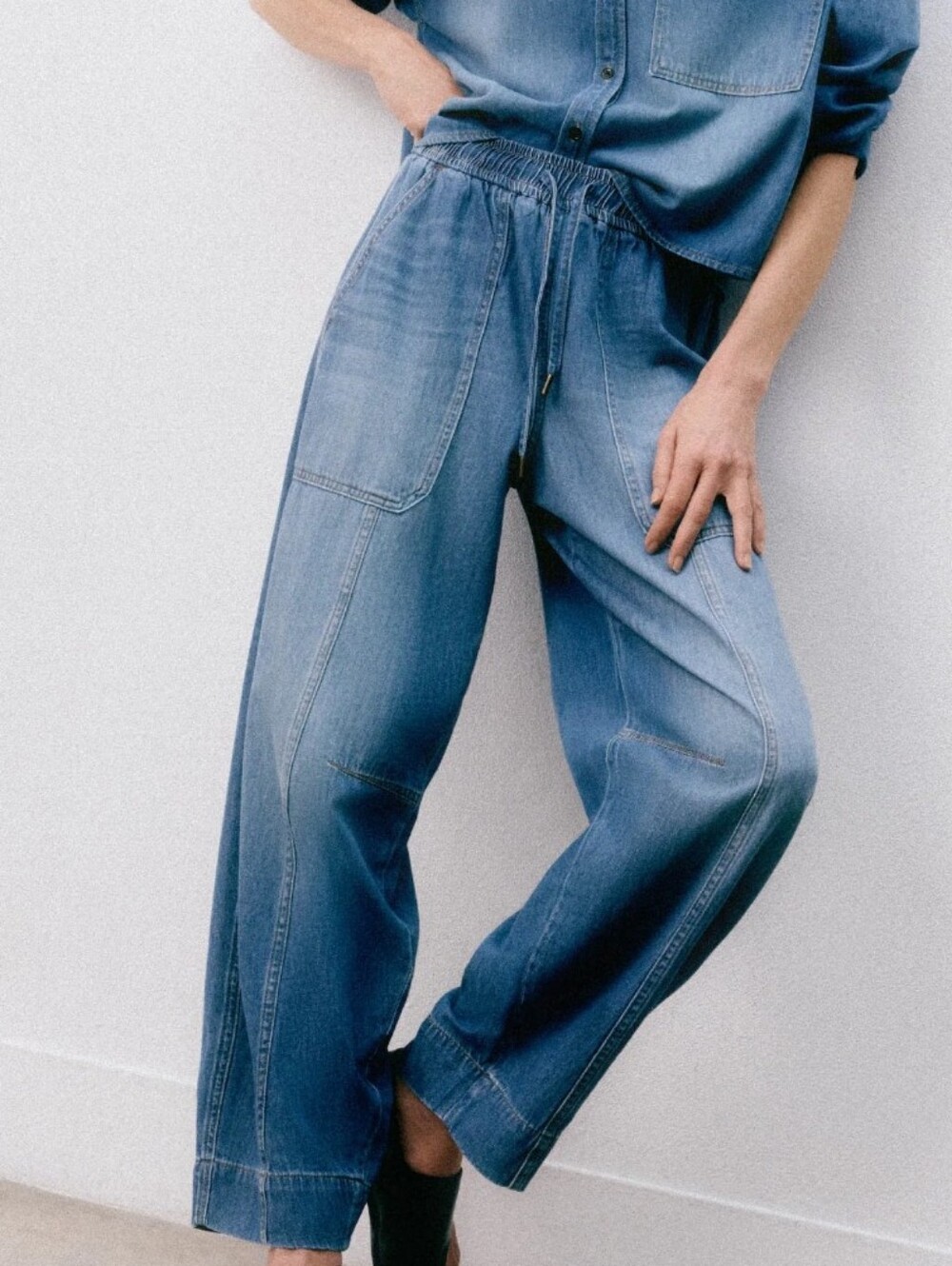 ME+EM Elastic Waist Denim Pants - Blue with Contrast Stitching